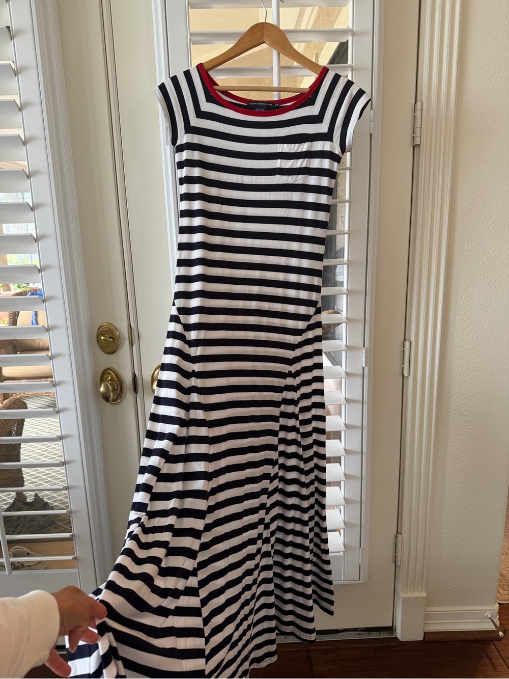 Ralph Lauren Navy and White Striped Maxi Dress with Red Trim